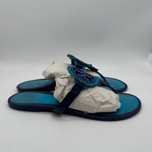 Tory Burch Miller Sandals Navy Turquoise Blue Whipstitch Logo Thong Flats 9M
